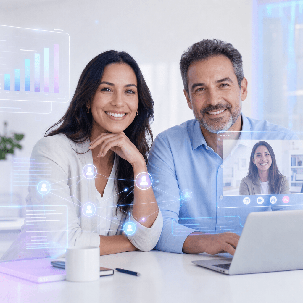 Two smiling Zyndio ambassadors at a bright modern desk with a translucent video-consult window, a tracking-dashboard panel, and a glowing connected-nodes network graph hovering nearby. Editorial visual for the program levels page.